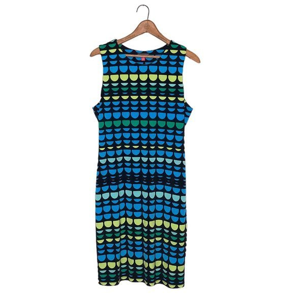 Vince Camuto‎ Medium M Black Blue Green Geo Dot Stretch Jersey Knit Shift Dress - Picture 1 of 4